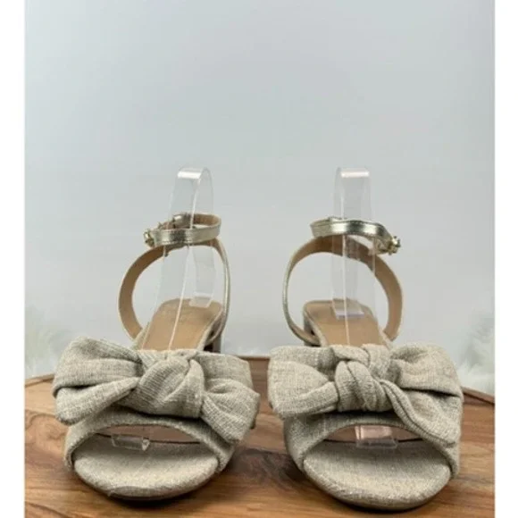 LOFT Beige Woven Bow Block Heel Ankle Strap Sz 9.5M Sandals Gold Shimmer Party - Picture 3 of 12